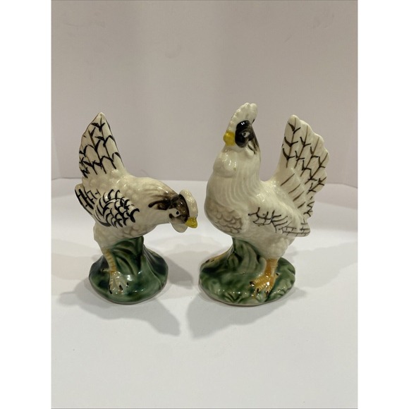 2 Vintage Ceramic Chickens Hen Rooster  5 " Black And White - Picture 1 of 6